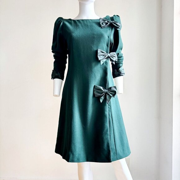 Vintage Brian Winston Deep Green Bow Detail Cocktail Dress S - Picture 1 of 10